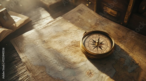 A nostalgic scene with an antique compass placed on a vintage map, inspiring thoughts of untraveled paths and adventures. photo