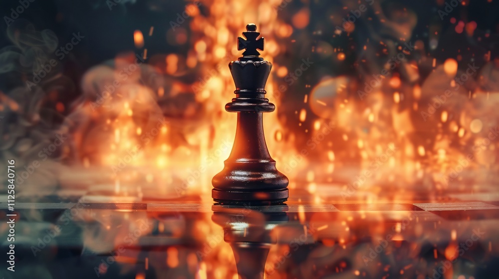 Dramatic Chess King Piece on Reflective Surface with Explosive Backdrop Dramatic Chess King Piece on Reflective Surface with Explosive Backdrop