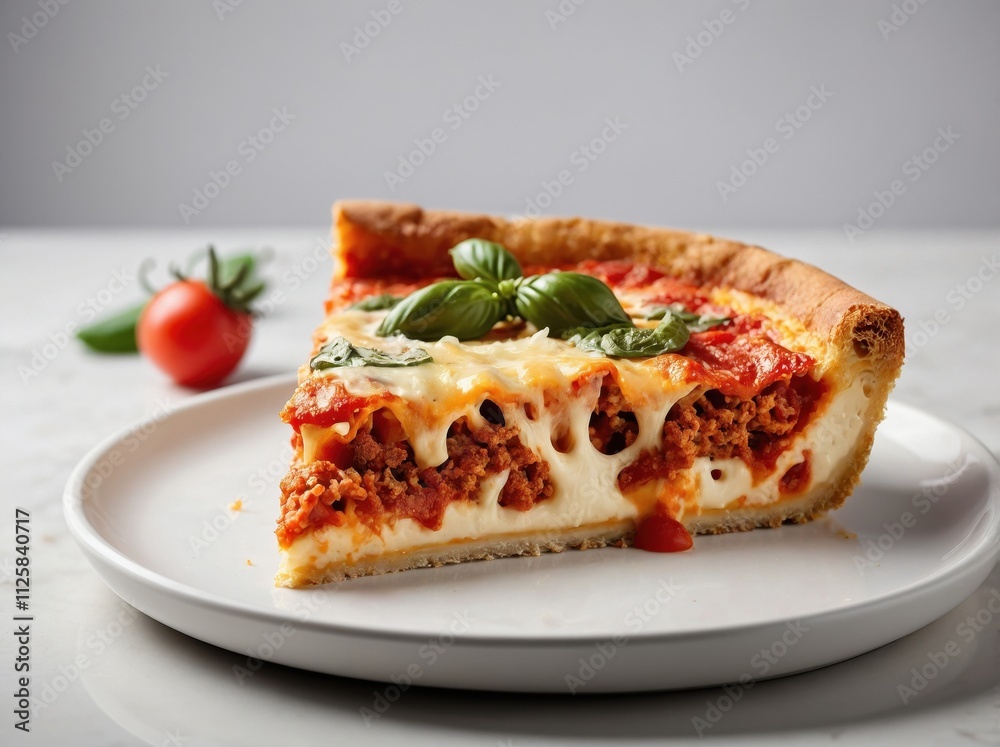A single slice of Chicago deep-dish pizza placed on a plain white ceramic plate. A single slice of Chicago deep-dish pizza placed on a plain white ceramic plate.