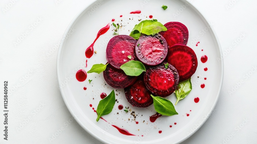 Artistic beetroot dish with circular slices and green leaves placed creatively on a white plate, celebrating vibrant colors and unique presentation. Artistic beetroot dish with circular slices and green leaves placed creatively on a white plate, celebrating vibrant colors and unique presentation.