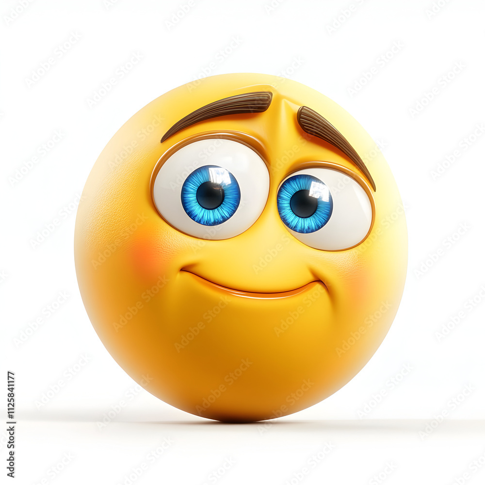 A happy yellow emoji face with furrowed eyebrows looking with blue eyes on white backround looking to right side
A happy yellow emoji face with furrowed eyebrows looking with blue eyes on white backround looking to right side