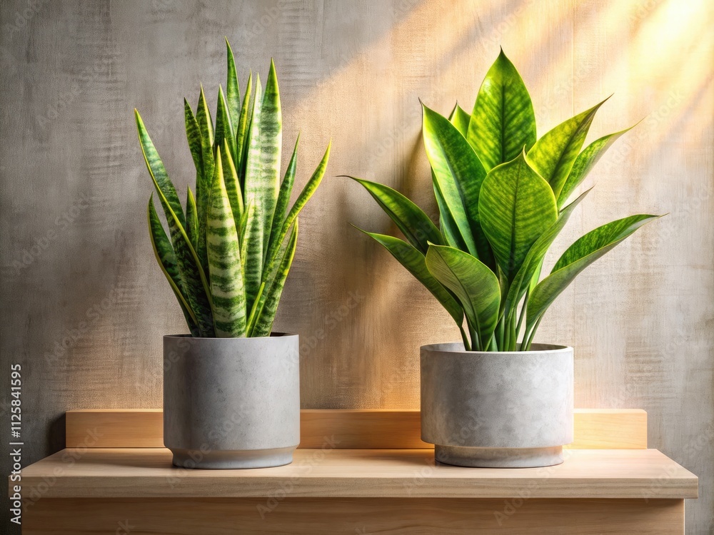 Contemporary home office: minimalist concrete vases, wooden shelf, warm lighting, and modern indoor plants. Contemporary home office: minimalist concrete vases, wooden shelf, warm lighting, and modern indoor plants.