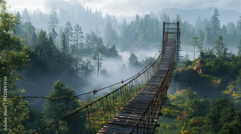 Obraz premium A picturesque wooden suspension bridge spans a lush, misty forest, surrounded by tall trees and fog, offering a peaceful escape into nature
