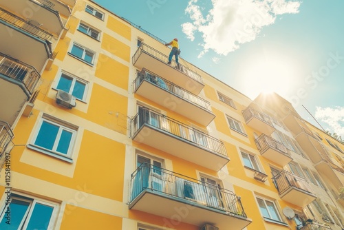 Worker on balcony performing maintenance on a modern yellow apartment building under bright sunlight with clear blue sky and clouds, emphasizing urban life and construction.