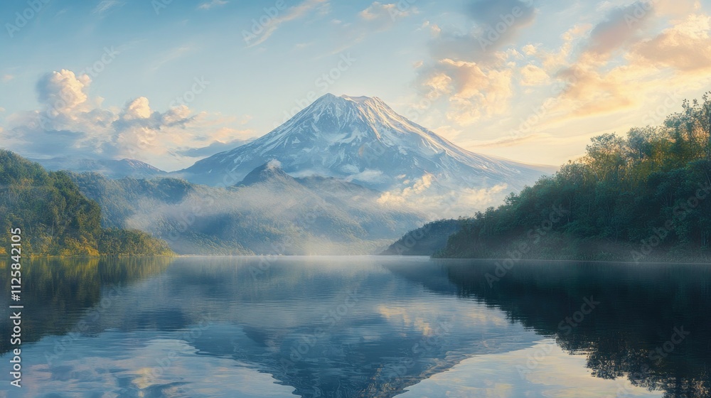Fototapeta premium A powerful volcanic mountain stands tall, its reflection shimmering in the quiet waters of a lake, bathed in the soft morning sunlight