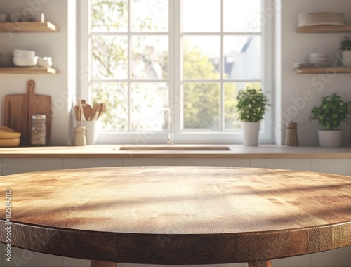 Sunny kitchen with round wooden table. photo