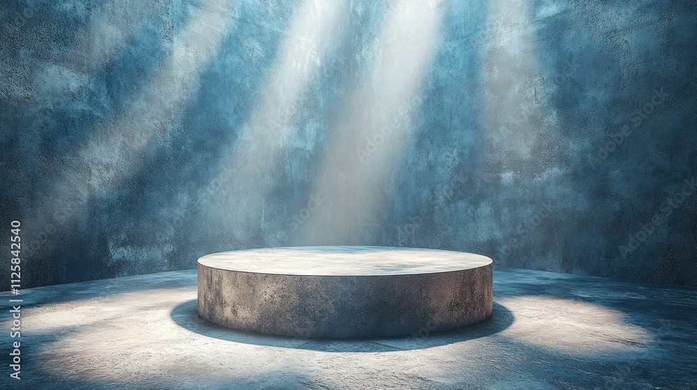 Circular stone pedestal in smoky blue room. Circular stone pedestal in smoky blue room.