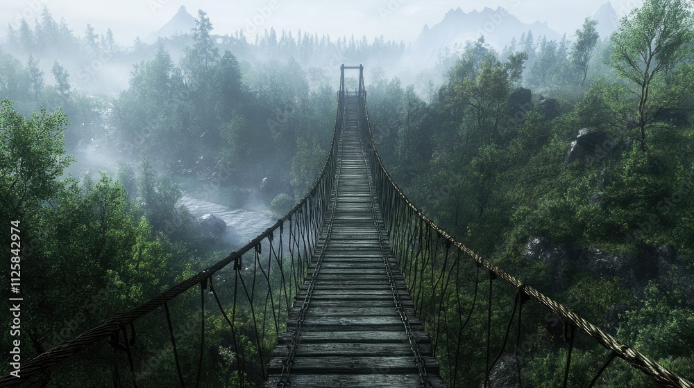 Obraz premium A scenic view of a wooden suspension bridge amidst a verdant, mist-filled forest, creating a sense of wonder and adventure in the heart of nature