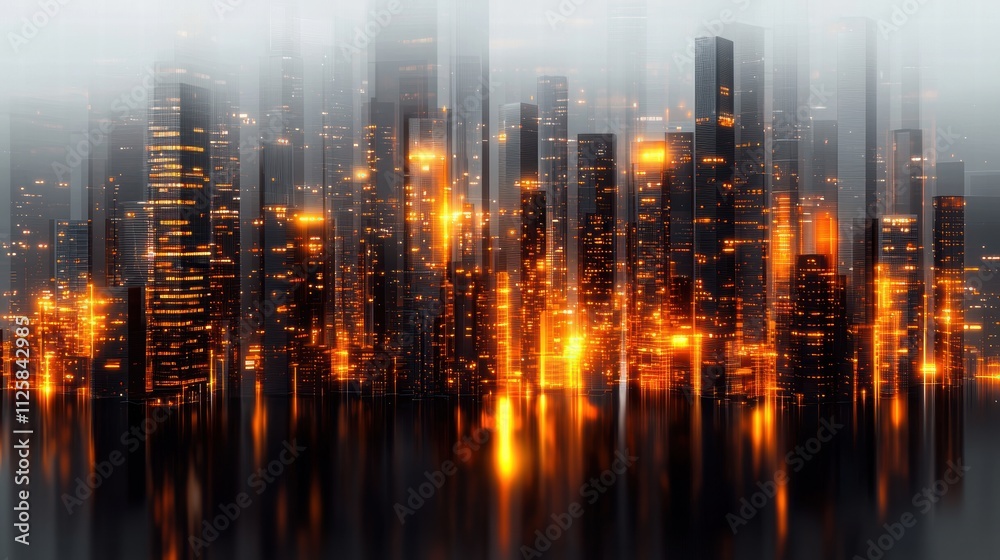Futuristic cityscape with glowing lights at dusk