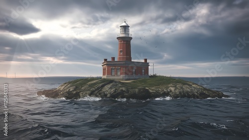 Rocky seascape at Turnberry point lighthouse with cloudy moody sky at coast line photo