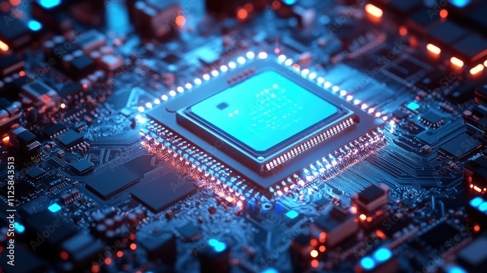 Futuristic 3D robot chatbot interacting with a high-tech microchip, illuminated by blue and white lights, showcasing artificial intelligence in technological advancements. Futuristic 3D robot chatbot interacting with a high-tech microchip, illuminated by blue and white lights, showcasing artificial intelligence in technological advancements.