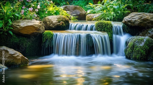 Serene Waterfall in Lush Garden: A Tranquil Oasis