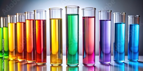 Colorful row of glass tubes filled with vibrant liquids, science, chemistry, laboratory, experiment, research