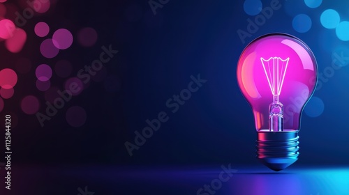 Vibrant neon light bulb against a colorful bokeh background