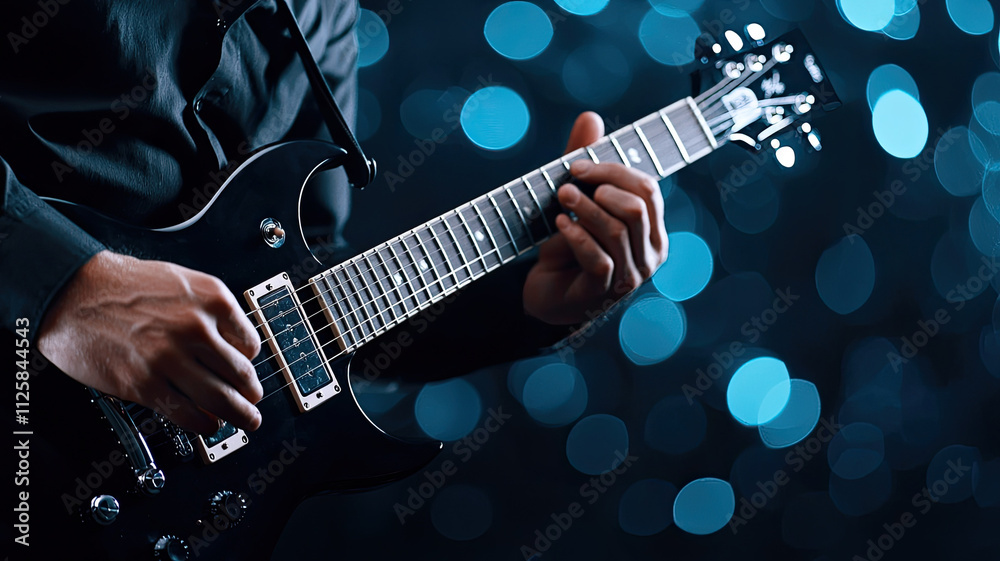 Fototapeta premium Closeup of guitar player performing on stage with vibrant lights