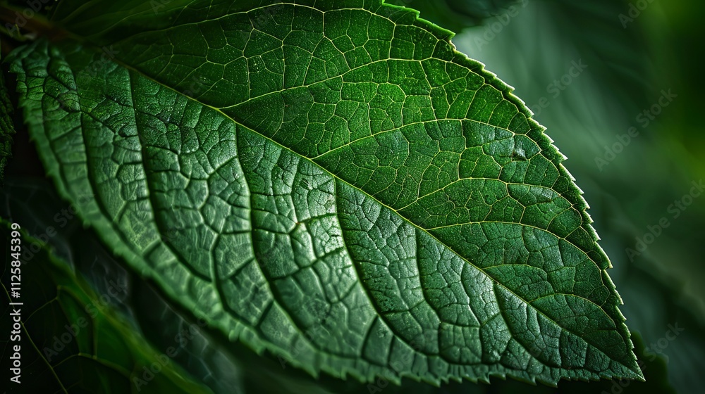 Macro Photograph of a Single, Deep Green Leaf's Veins and Texture Macro Photograph of a Single, Deep Green Leaf's Veins and Texture