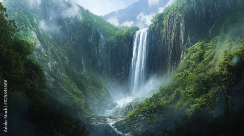 Majestic Waterfall in Lush Mountain Valley: A Serene Escape