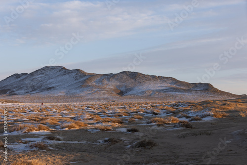 Mini Gobi Desert with Distant Mountain Range and Sparse Vegetation Under Clear Blue Sky During Winter