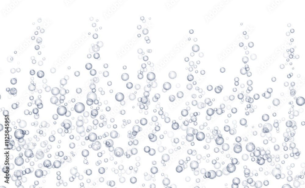 Underwater fizzing bubbles, soda or champagne carbonated drink, sparkling water. Effervescent drink. Aquarium, sea, ocean bubbles vector illustration.