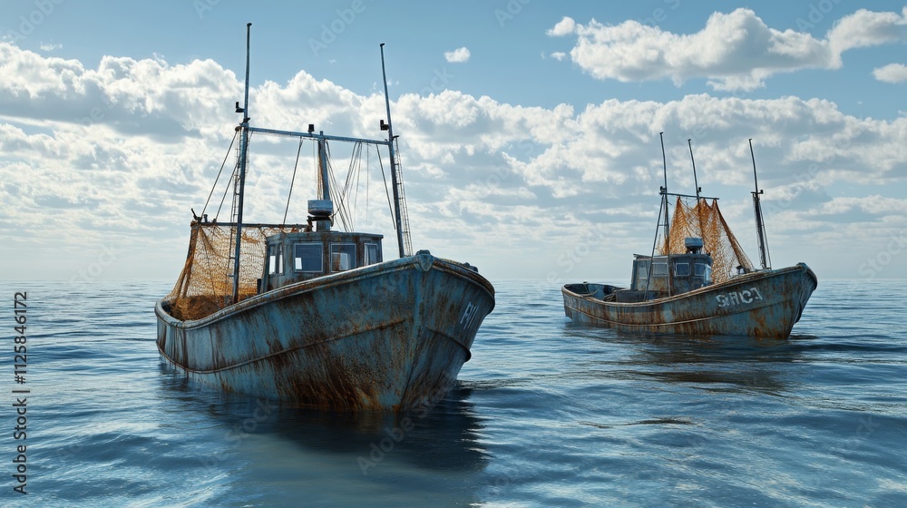 Obraz premium Three fishing boats with nets in the sea, in a blue color, with a clear sky and daylight, photorealistic