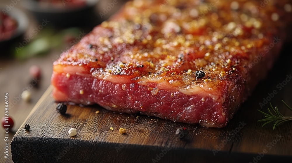 Close-up of a seasoned, grilled steak on a wooden board. Close-up of a seasoned, grilled steak on a wooden board.