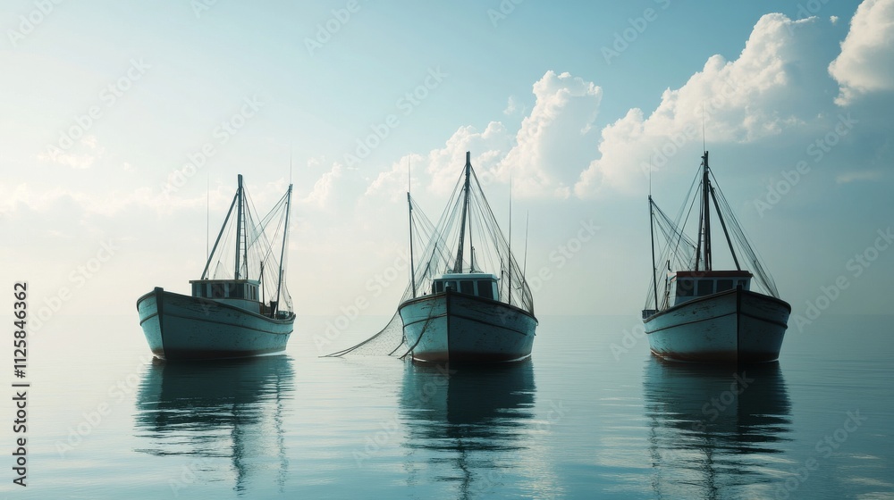 Three fishing boats with nets in the sea, in a blue color, with a clear sky and daylight, photorealistic Three fishing boats with nets in the sea, in a blue color, with a clear sky and daylight, photorealistic