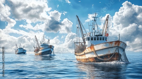 Wallpaper Mural Three fishing boats with nets in the sea, in a blue color, with a clear sky and daylight, photorealistic Torontodigital.ca