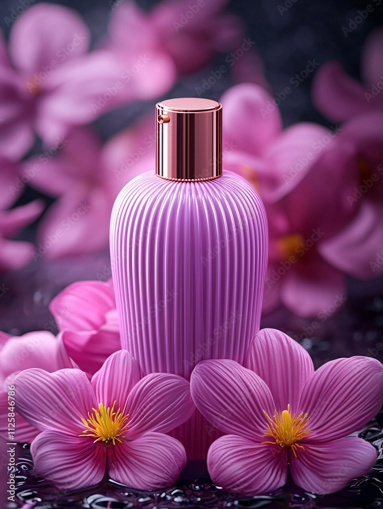 Elegant pink perfume bottle surrounded by blossoms indoor setting product photography aesthetic appeal close-up view Elegant pink perfume bottle surrounded by blossoms indoor setting product photography aesthetic appeal close-up view