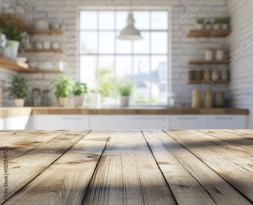 Wooden table in front of blurred bright kitchen.