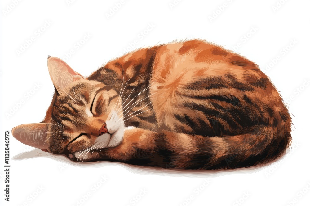 Fototapeta A sleeping tabby cat curled up comfortably on a soft surface.