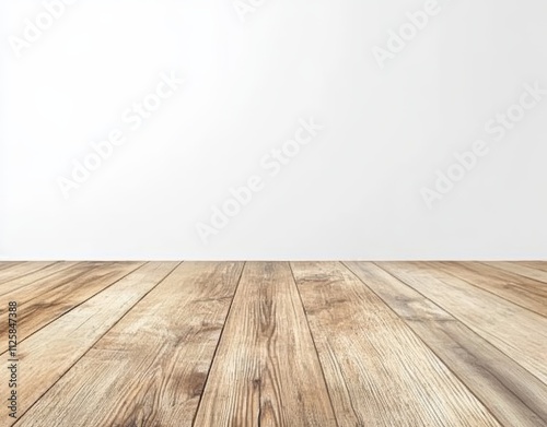 Empty light wood floor against white wall background.