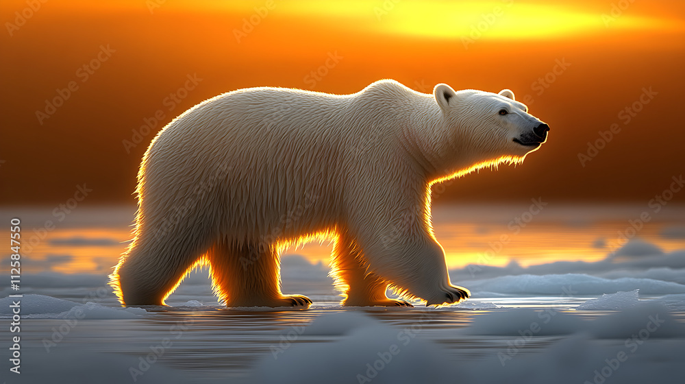 a polar bear walking slowly across the ice, surrounded by a faint aura suggesting lowered metabolic activity, in a quiet and tranquil setting; the colors are softly desaturated to convey low energy, a polar bear walking slowly across the ice, surrounded by a faint aura suggesting lowered metabolic activity, in a quiet and tranquil setting; the colors are softly desaturated to convey low energy,