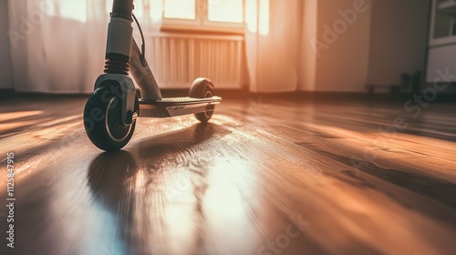 Modern Electric Scooter on Sunlit Wooden Floor in Minimalist Interior Space, Capturing the Essence of Urban Mobility and Contemporary Design Aesthetics