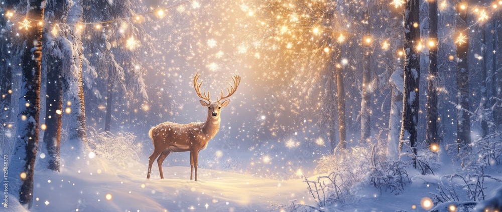 Fototapeta premium Christmas banner with magical scene of a reindeer in center in snowy forest with Christmas trees with lights and stars with copy spacewinter, christmas, christmas, cervid, animal, reindeer, illustrati