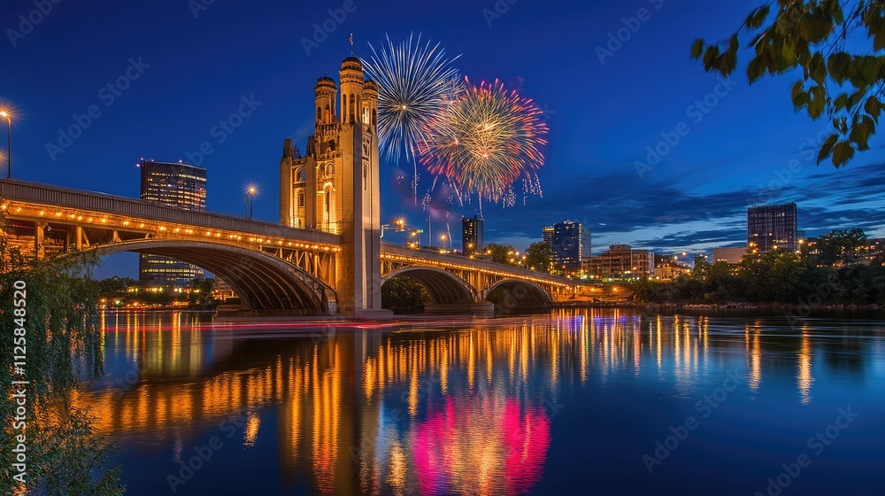 Spectacular Fireworks Display Over Urban Bridge at Night with Cityscape Reflected in Serene River Waters Captivating Evening Vibes and Celebration Atmosphere Spectacular Fireworks Display Over Urban Bridge at Night with Cityscape Reflected in Serene River Waters Captivating Evening Vibes and Celebration Atmosphere
