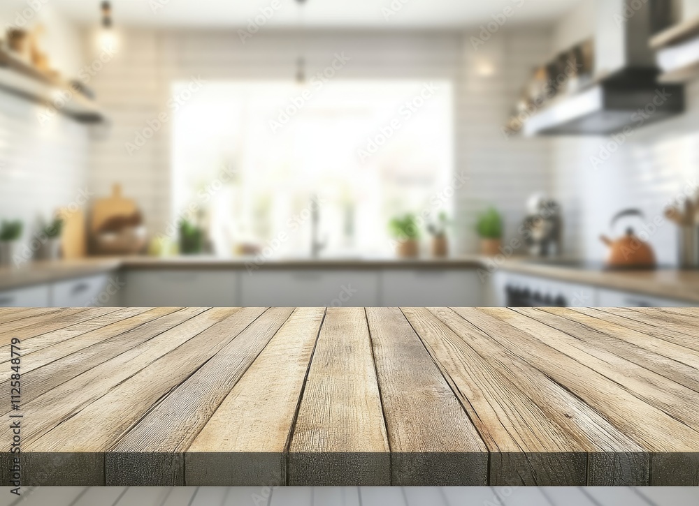 Rustic wooden table in a blurred bright modern kitchen. Rustic wooden table in a blurred bright modern kitchen.