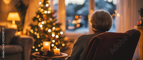 Back view of lonely old woman sitting by her selves at nursing home, Christmas time. Christmas Eve snowfall, New Year's background outside photo