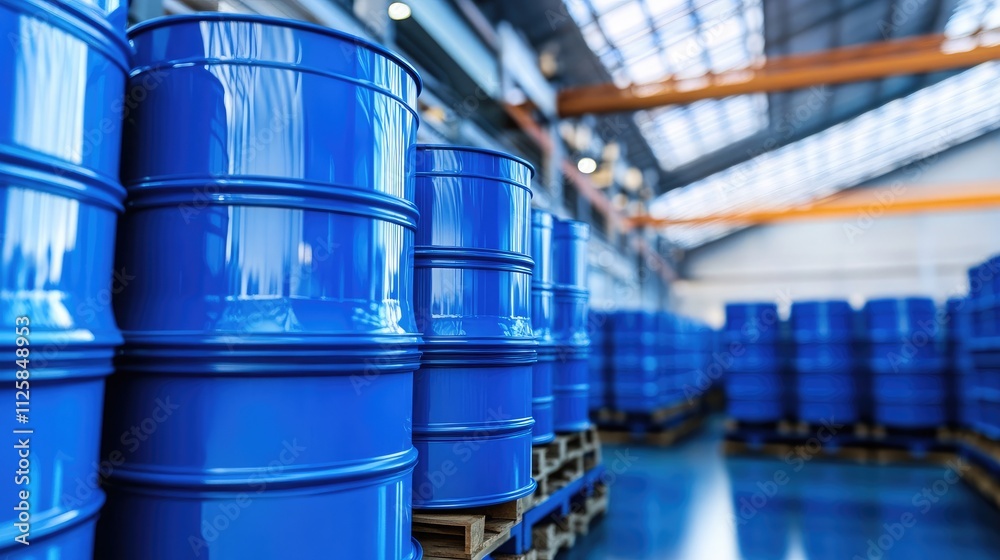 Industrial Storage of Blue Barrels in Warehouse with Natural Lighting and Clean Environment for Chemical or Oil Products Industrial Storage of Blue Barrels in Warehouse with Natural Lighting and Clean Environment for Chemical or Oil Products