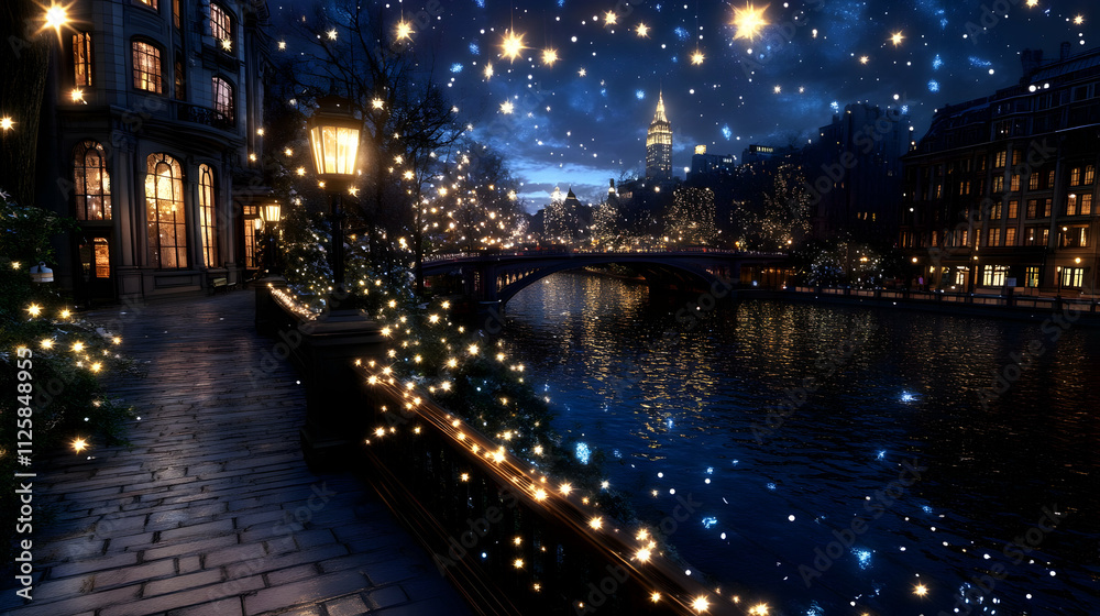 Fototapeta premium nighttime cityscape with starry sky and canal, festive lights on buildings and bridge, for website or presentation background