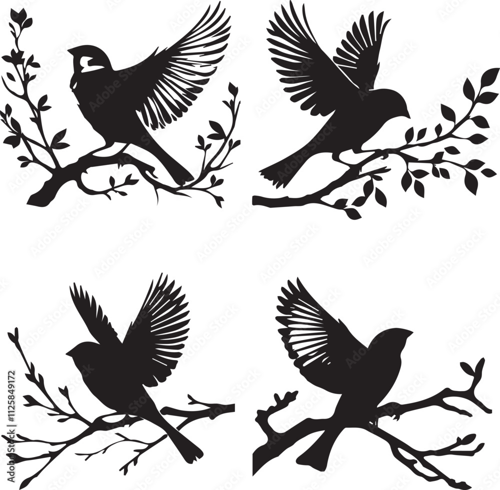 Obraz premium Bird Silhouettes on Branches - Vector Illustration Set