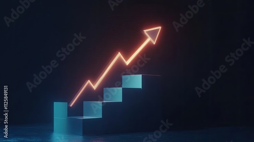 Glowing arrow up, Volatility index chart on white block, Business chart steps on dark blue background.