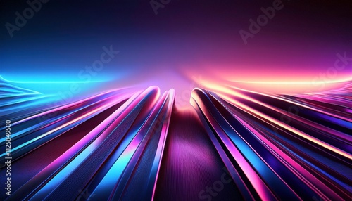 Neon Speed: Abstract digital art of vibrant, glowing neon lines converging in a dynamic, futuristic perspective.  Perfect for technology, speed, and energy concepts.