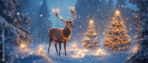 Christmas banner with magical scene of a reindeer in center in snowy forest with Christmas trees with lights and stars with copy spacewinter, christmas, christmas, cervid, animal, reindeer, illustrati photo