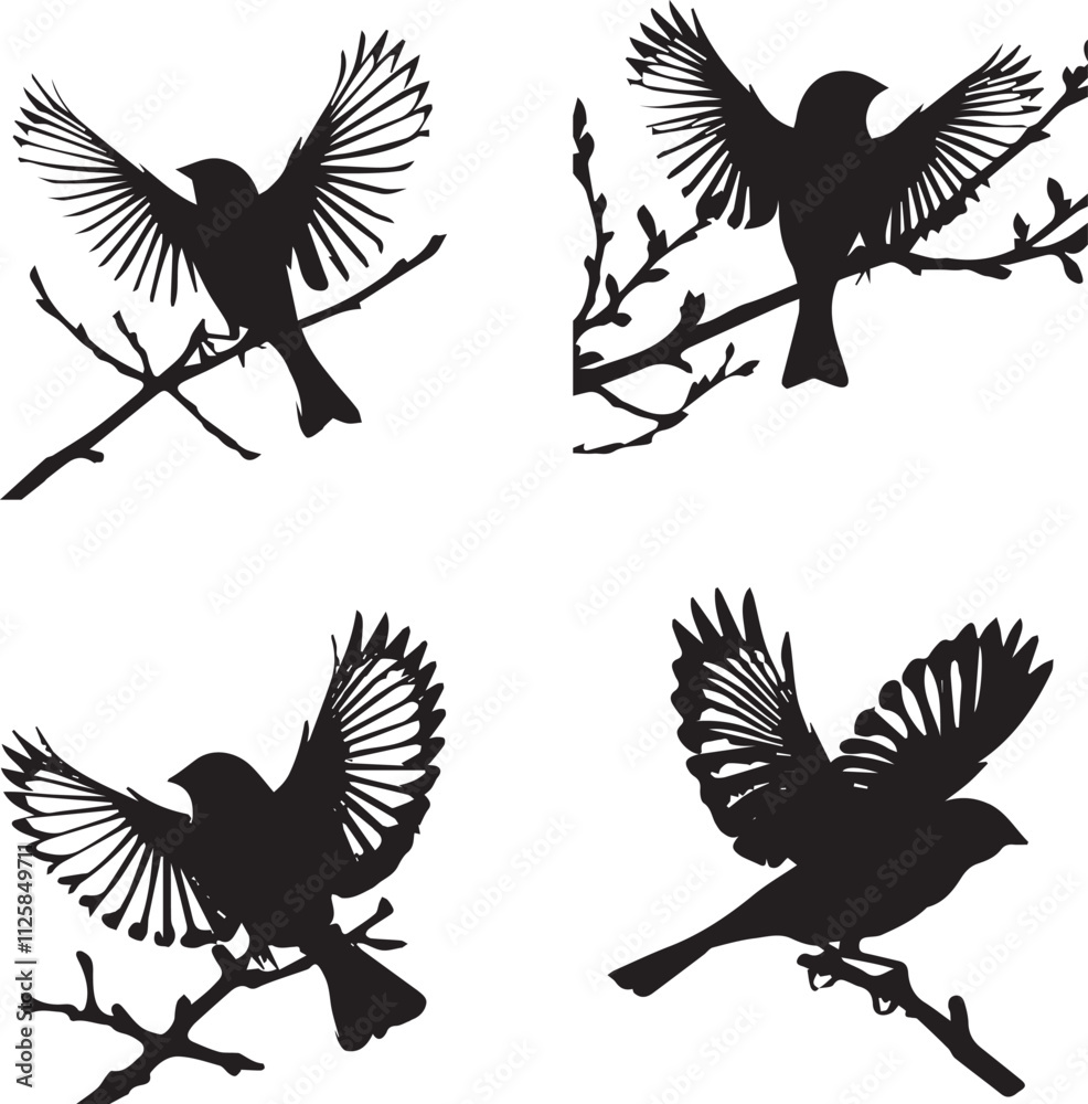 Obraz premium Bird Silhouettes on Branches - Vector Illustration Set