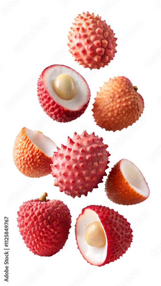 flying lychee fruit and half slices isolated on transparent white background, clipping path flying lychee fruit and half slices isolated on transparent white background, clipping path