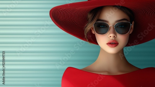 A chic fashion shot featuring a red dress with a dramatic silhouette, accessorized with glamorous sunglasses and a statement hat, illuminated by soft natural light that highlights the vibrant  photo