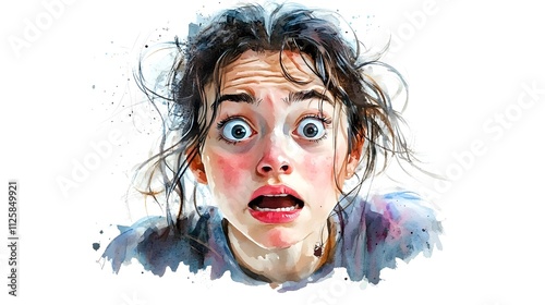 Surprised Young Woman with Wide Eyes and Messy Hair, Captured in Artistic Watercolor Style Featuring Expressions of Fear and Shock