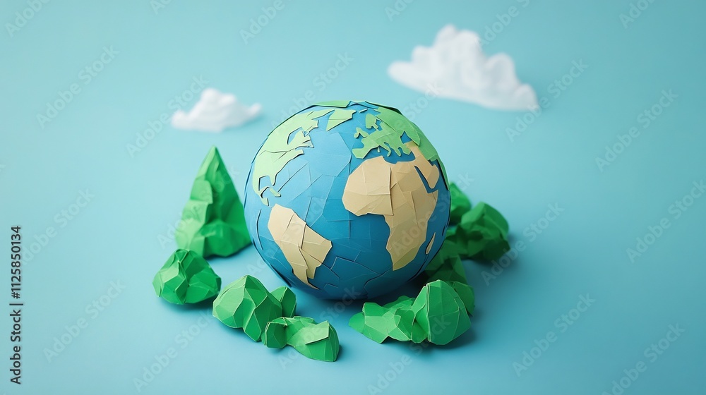Crafted Earth Globe in Papercraft Style with Lush Nature Backdrop