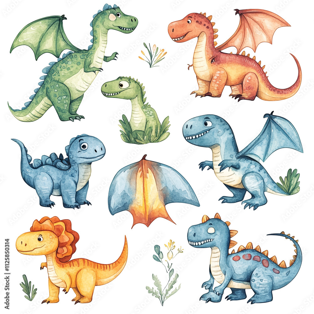 Naklejka premium Adorable Watercolor Dinosaurs: A Collection of Cute Prehistoric Creatures