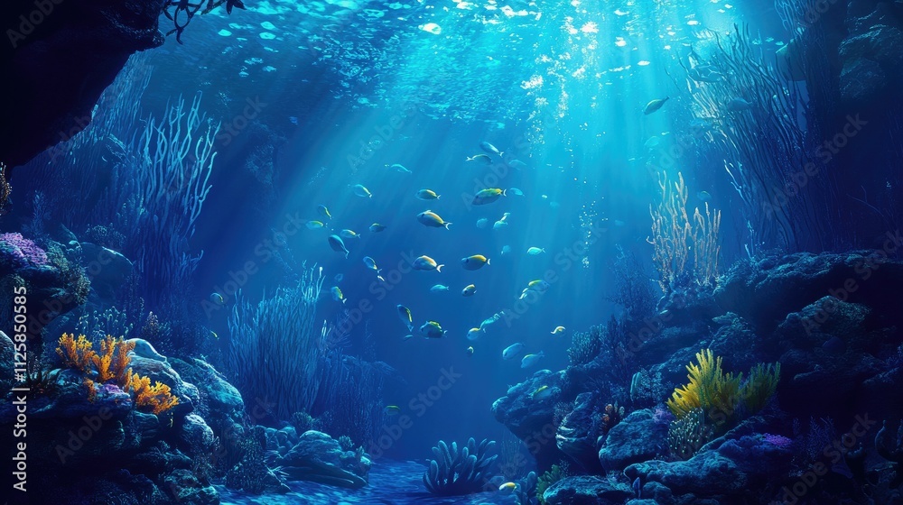 Obraz premium An underwater view of vibrant fish schools gracefully moving through coral formations, highlighting the dynamic beauty of marine life in tropical waters